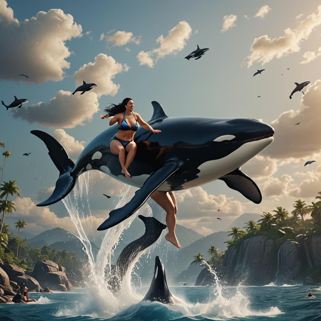Enormous Woman Rides Killer Whale in 3D Style