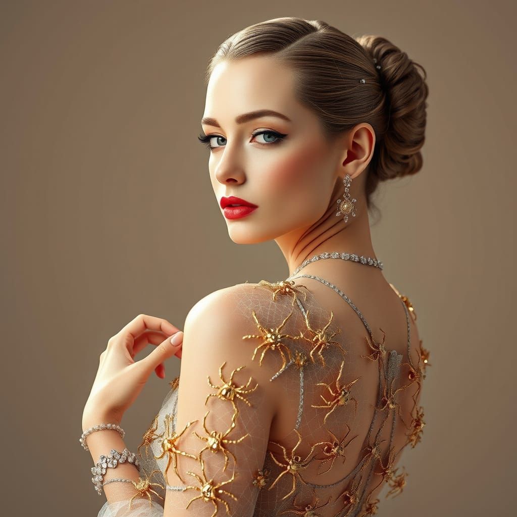Elegant Fashion Model in Golden Spider Gown