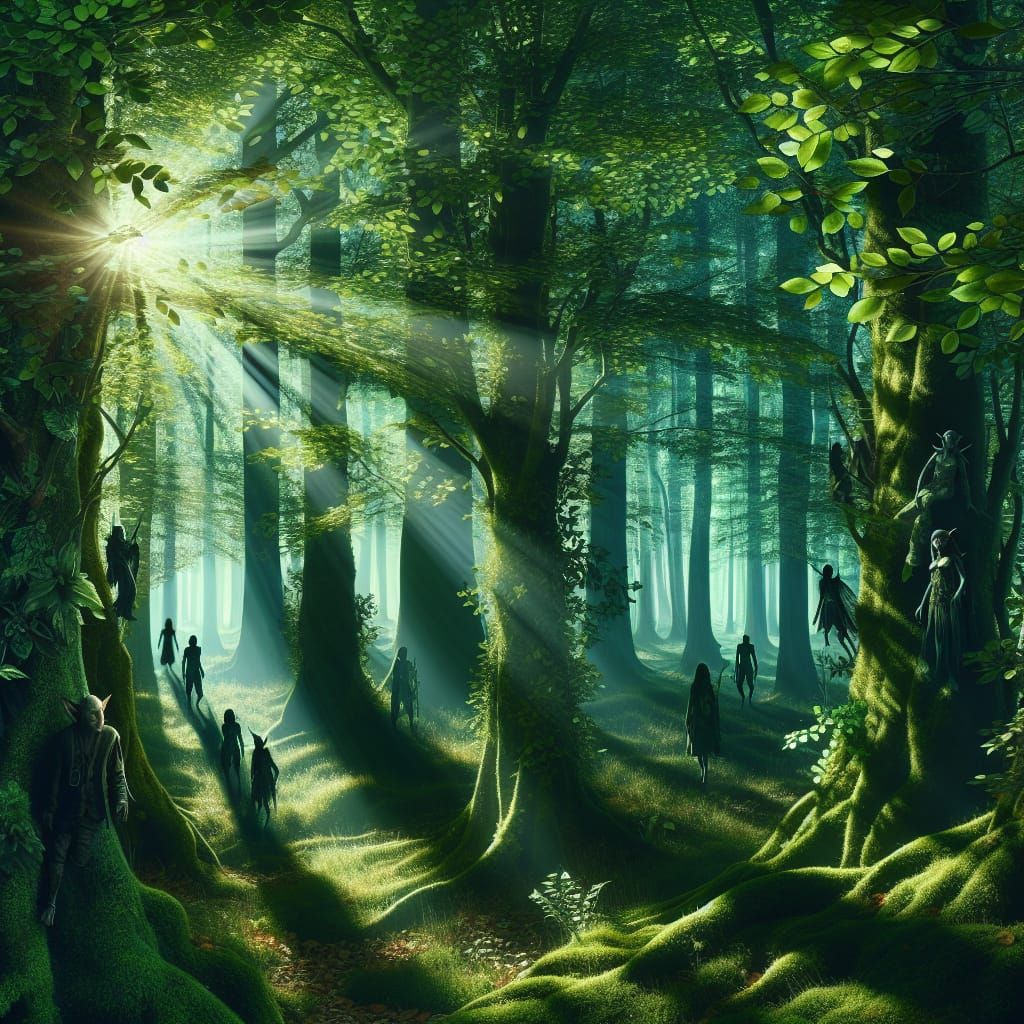 Sunlit Forest Canopy Scene with Elves