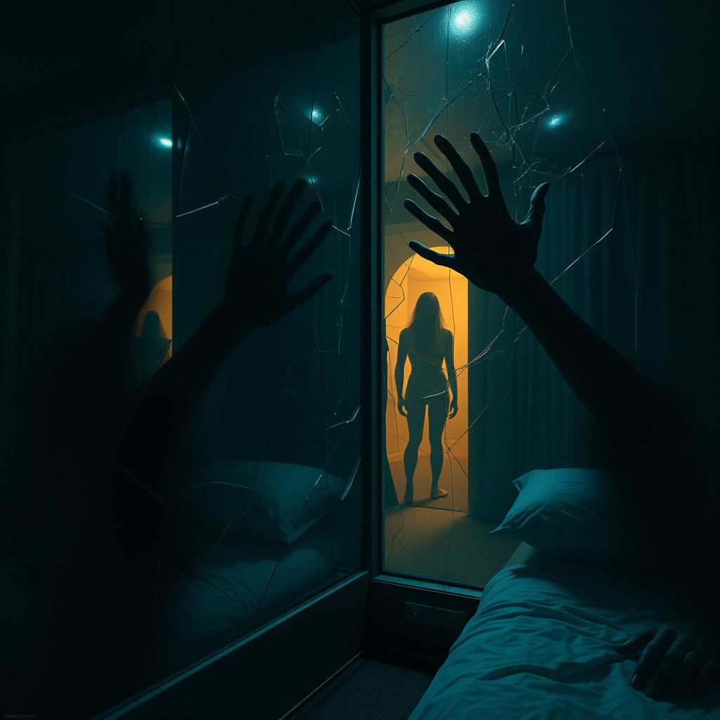 Eerie Hotel Room with Shadowy Hands, a Matte Painting