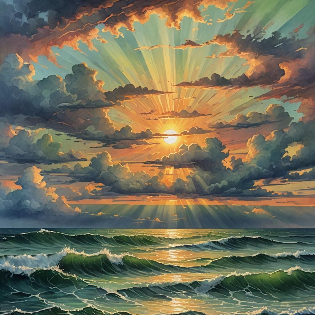 Vibrant Sunset Over Ocean With Sunlight Rays