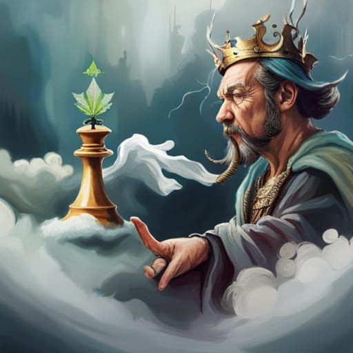 Chess King Smokes in Cloudy Fantasy Landscape