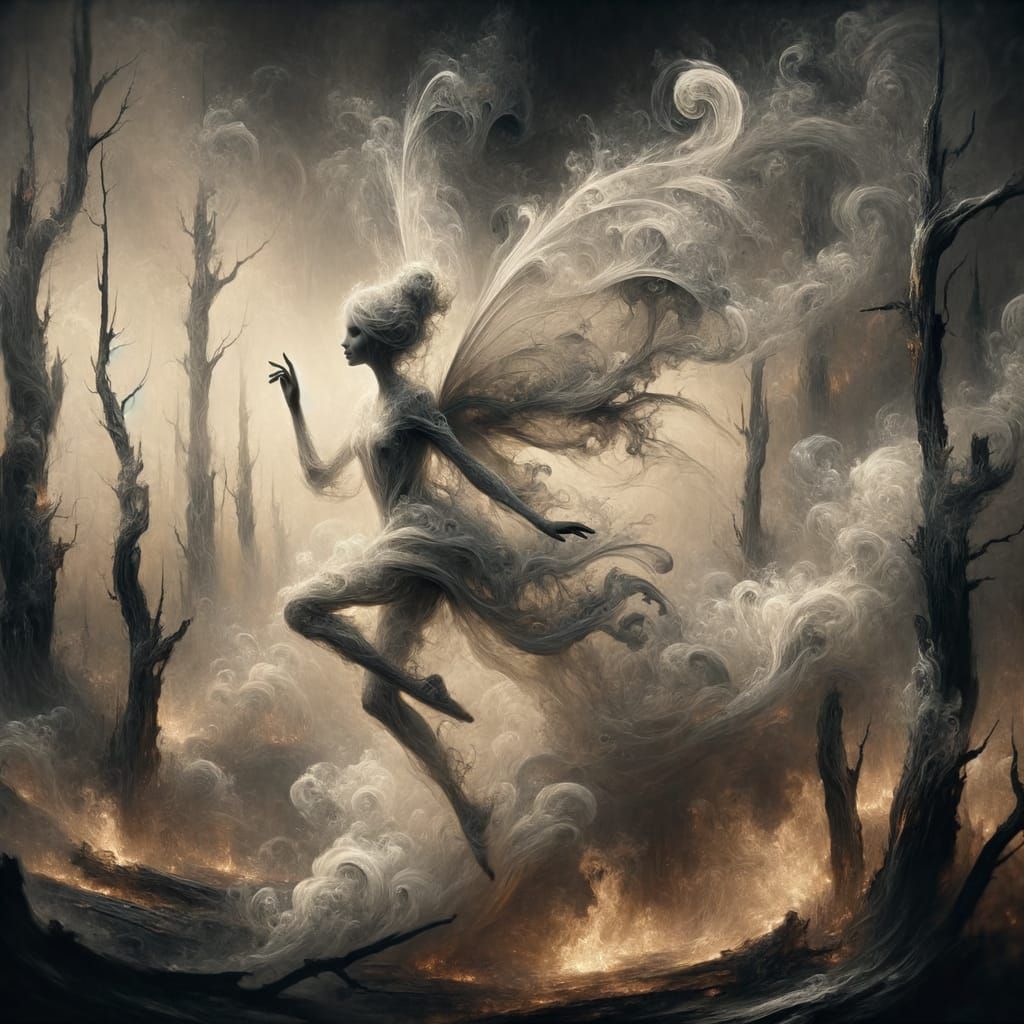 Ethereal Ash Fairy Dancing in Charred Forest