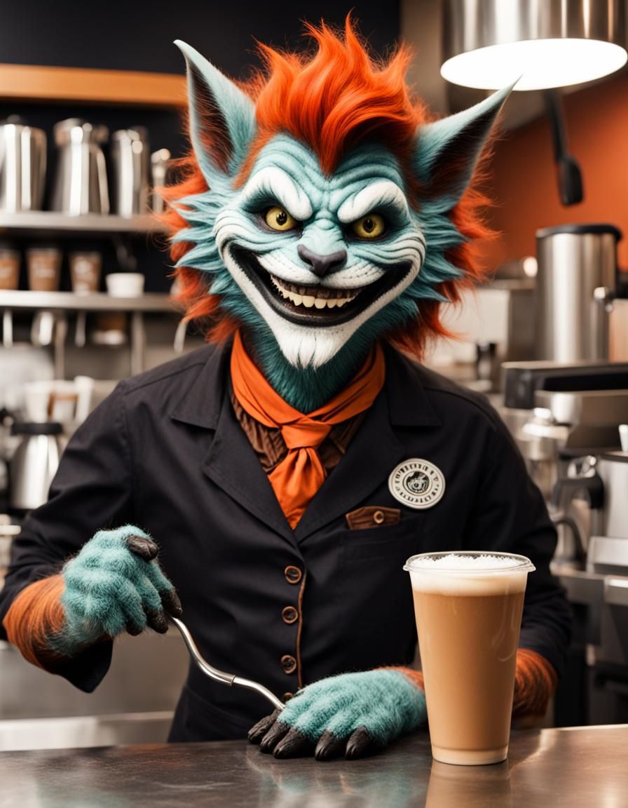 A happy rougarou as a barista