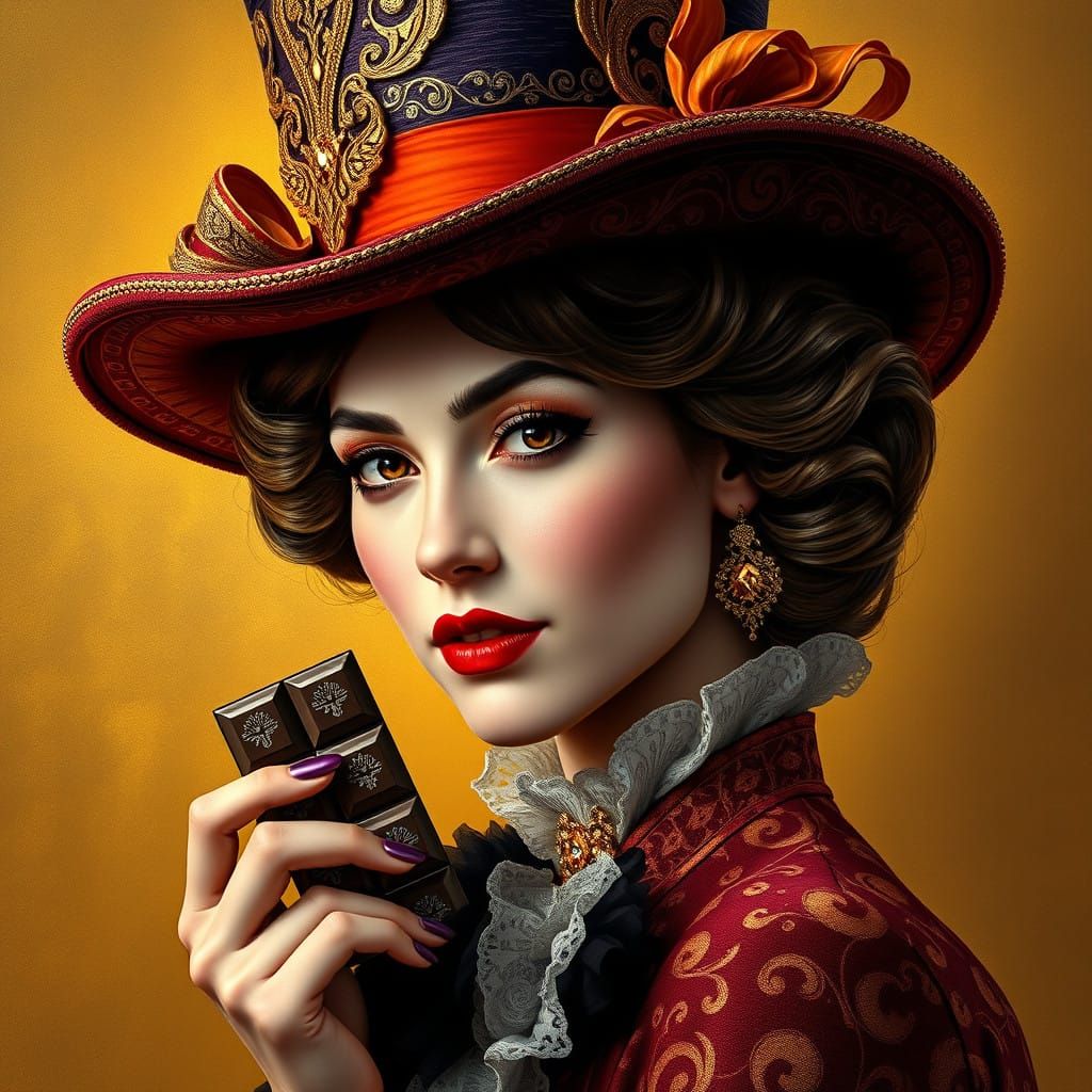 Regal Willy Wonka-Inspired Woman with Golden Hat and Chocola...