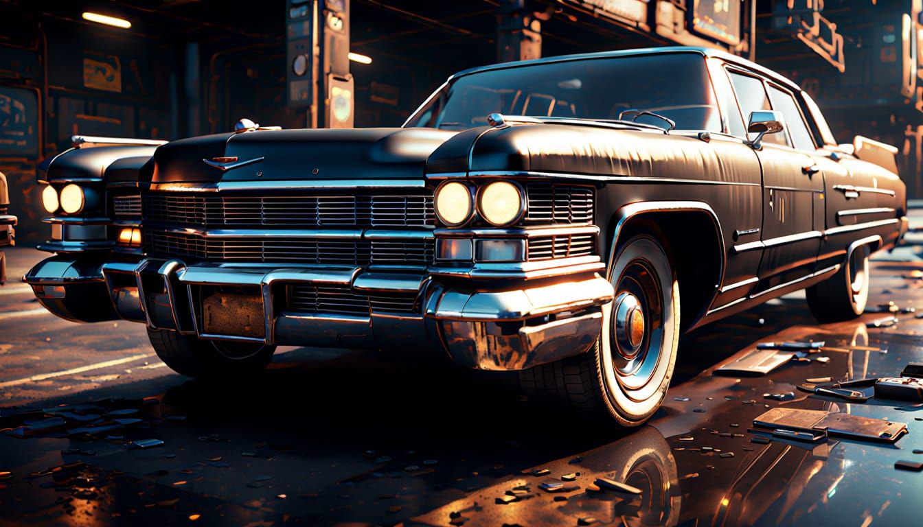 a cartoon picture of a black Cadillac with mismatched parts ...