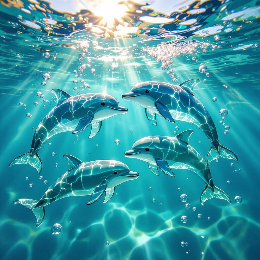 Sea Glass Dolphin Family Sculpture Under Turquoise Waves