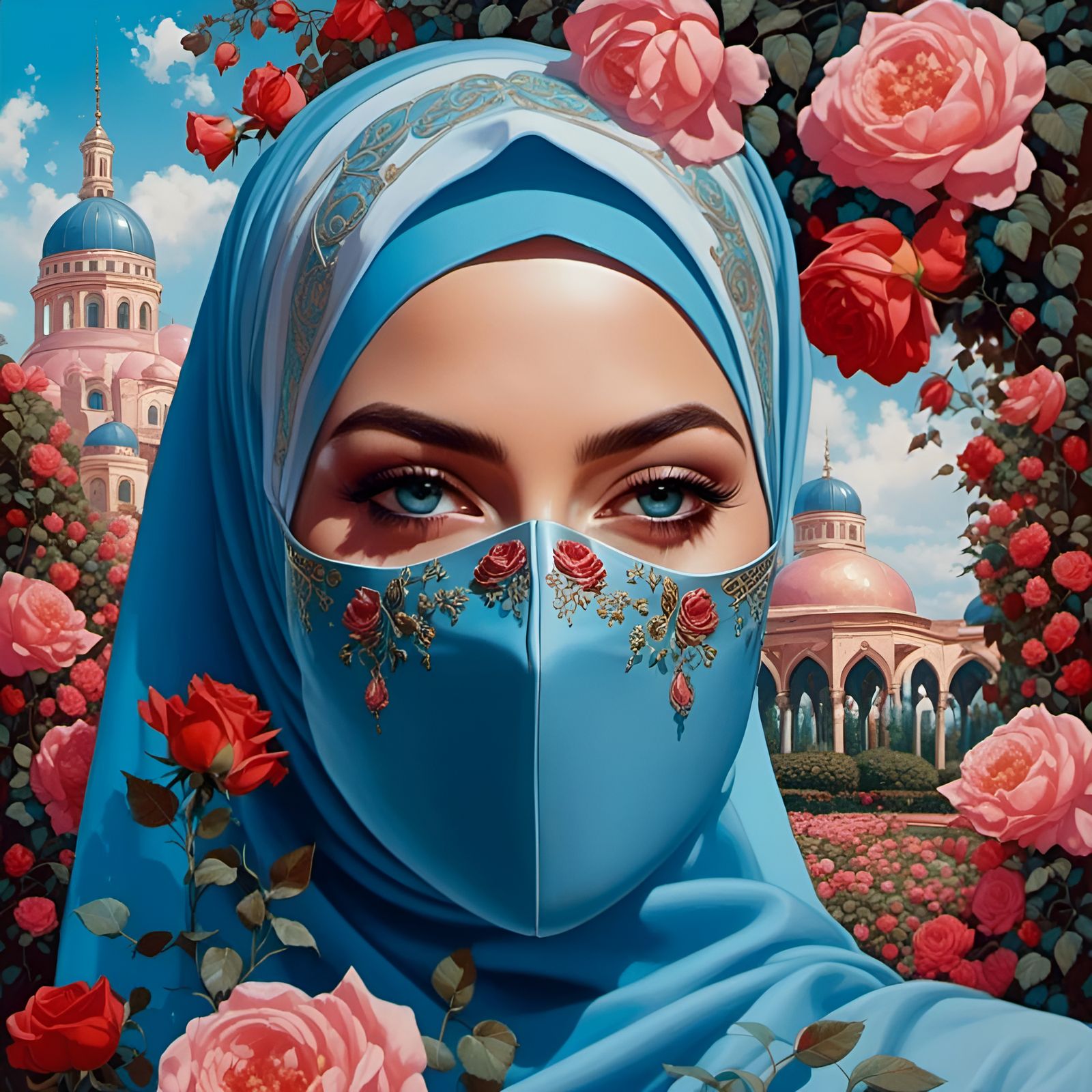 Woman in Hijab in Rose Garden: Digital Painting