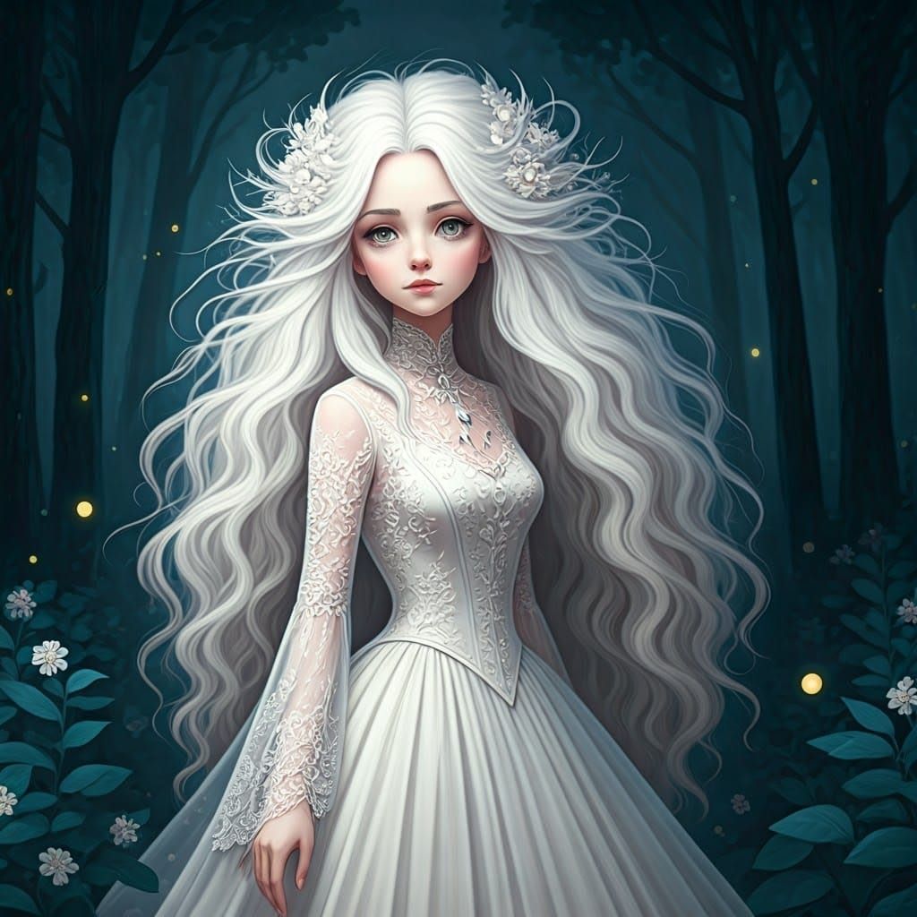 Whimsical Woman in Enchanted Midnight Forest