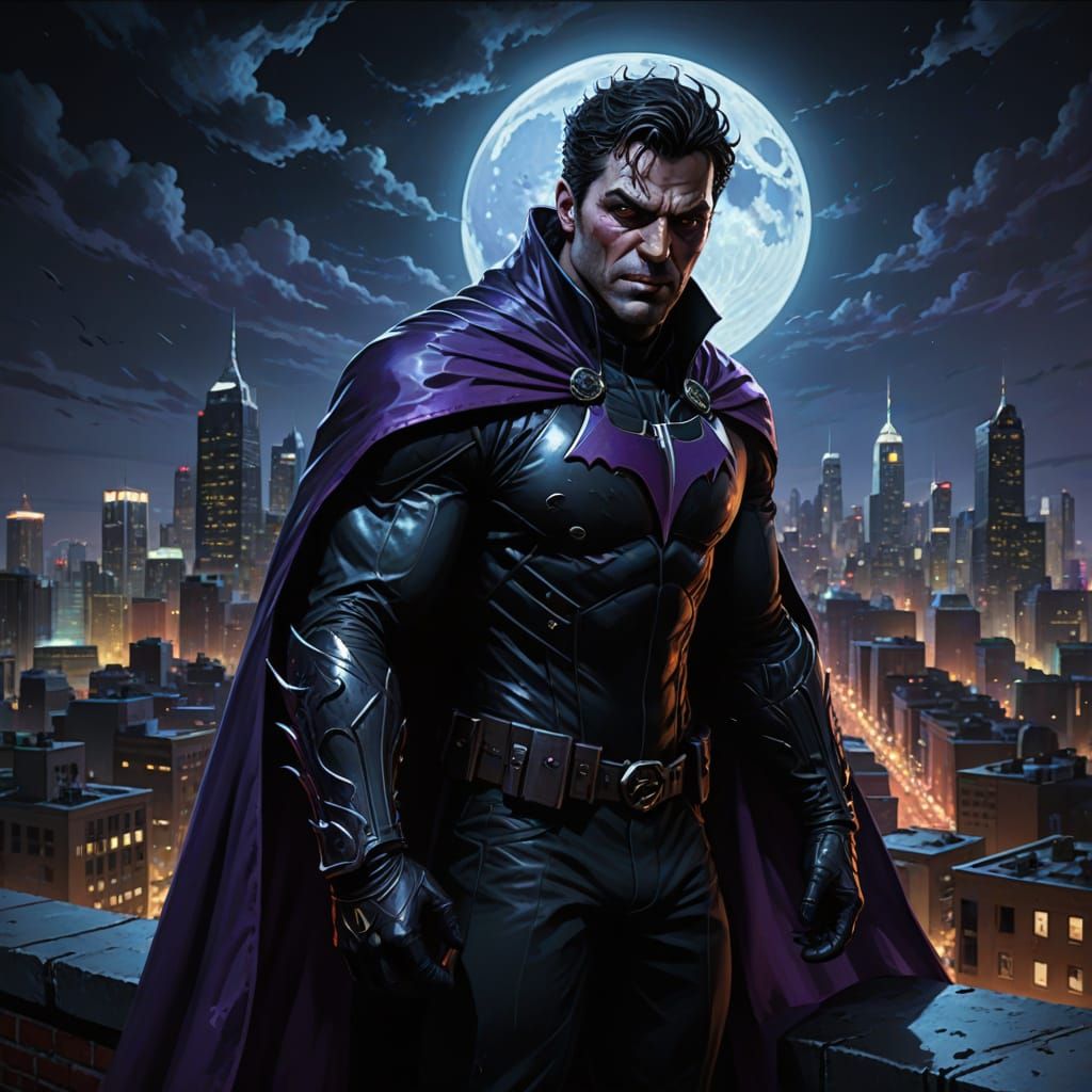 Hyperreal Villain Overlooking City in the Moonlight