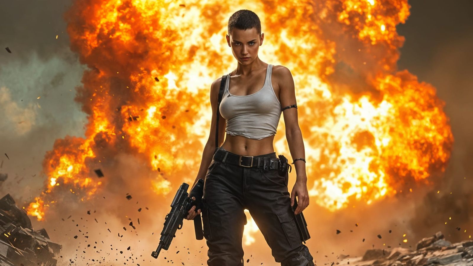Badass Heroine in Front of Explosion, Neo-Impressionism Styl...