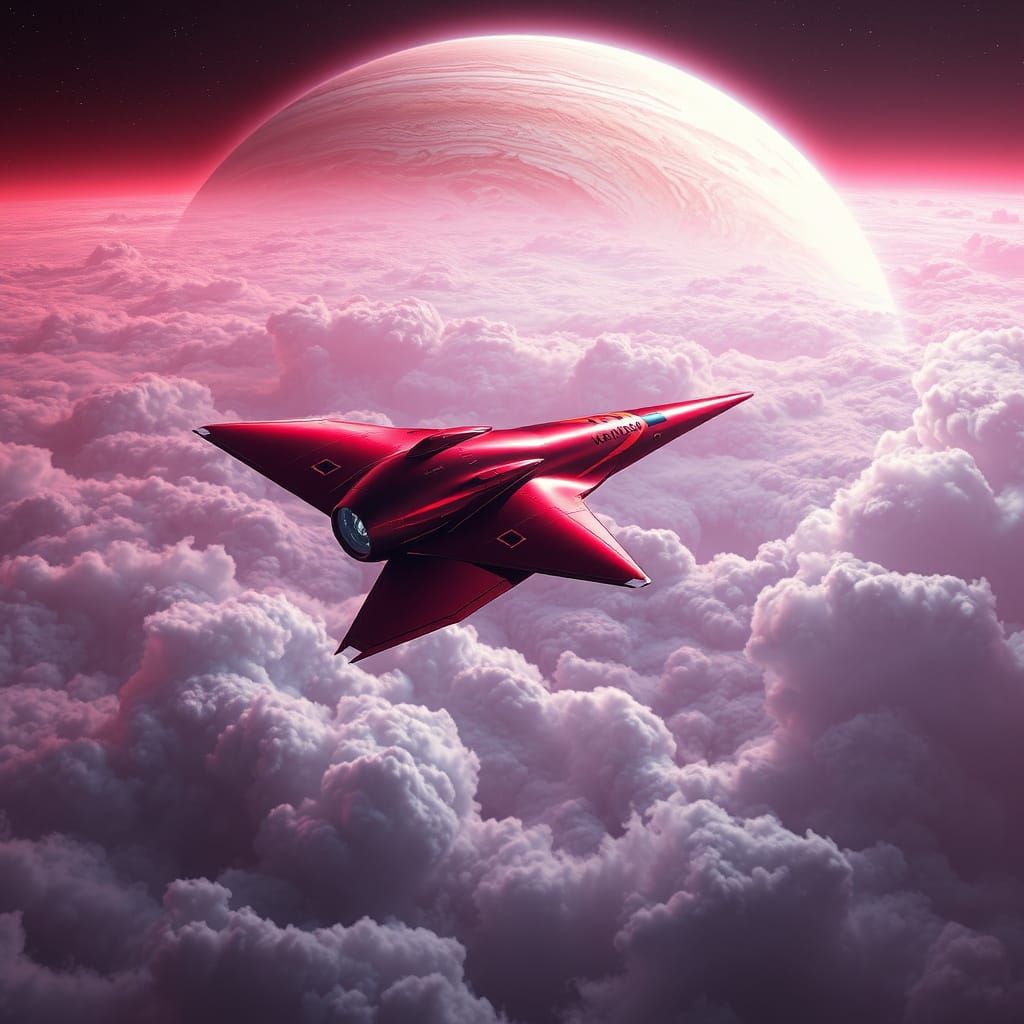 Sleek, Crimson-Hued Cosmoplane Lands on Jupiter