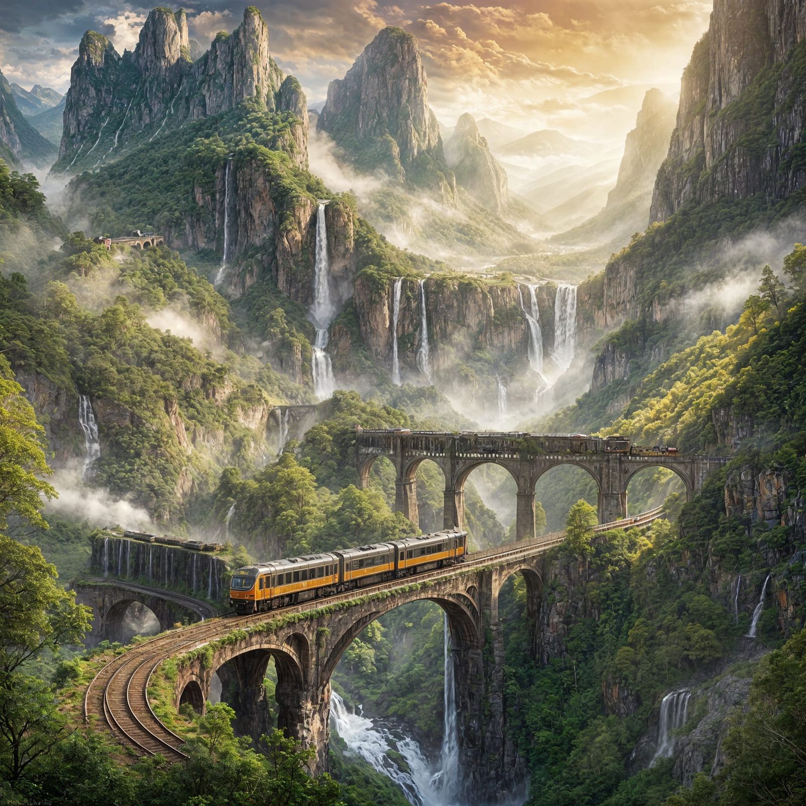 Misty Mountain Valley with Waterfalls and Trains in Golden H...