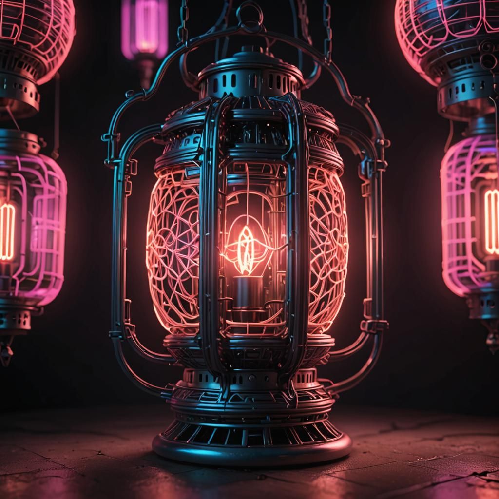 Glowing Neon Lantern Wireframe in 3D