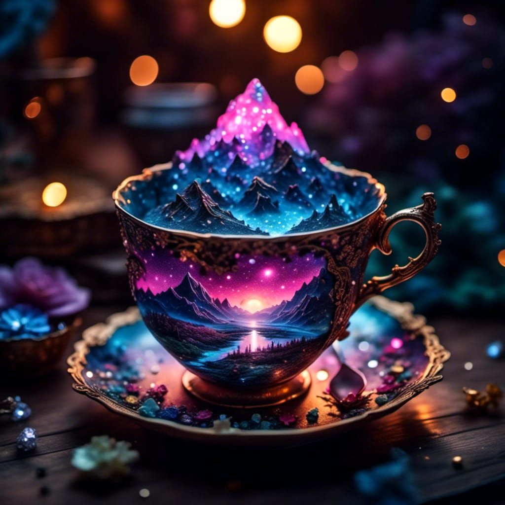 Crystalline Teacup with Steamy Tea: Fantasy Artwork