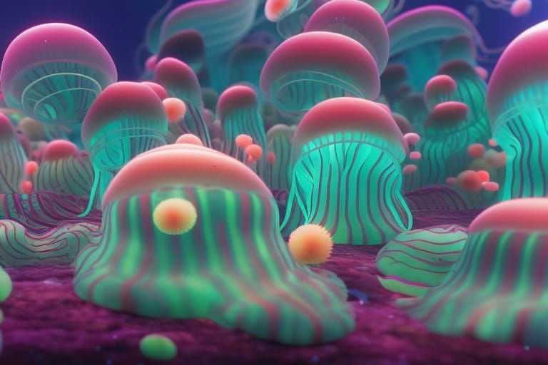 Bioluminescent Jellyfish Forest: Gouache Impressionist Under...