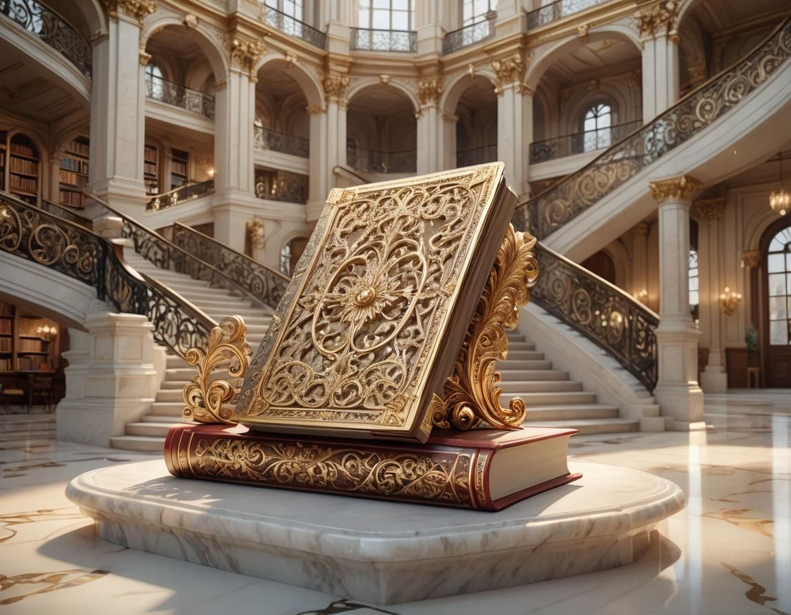 Ornate Book Displayed in Grand Library: 3D Art