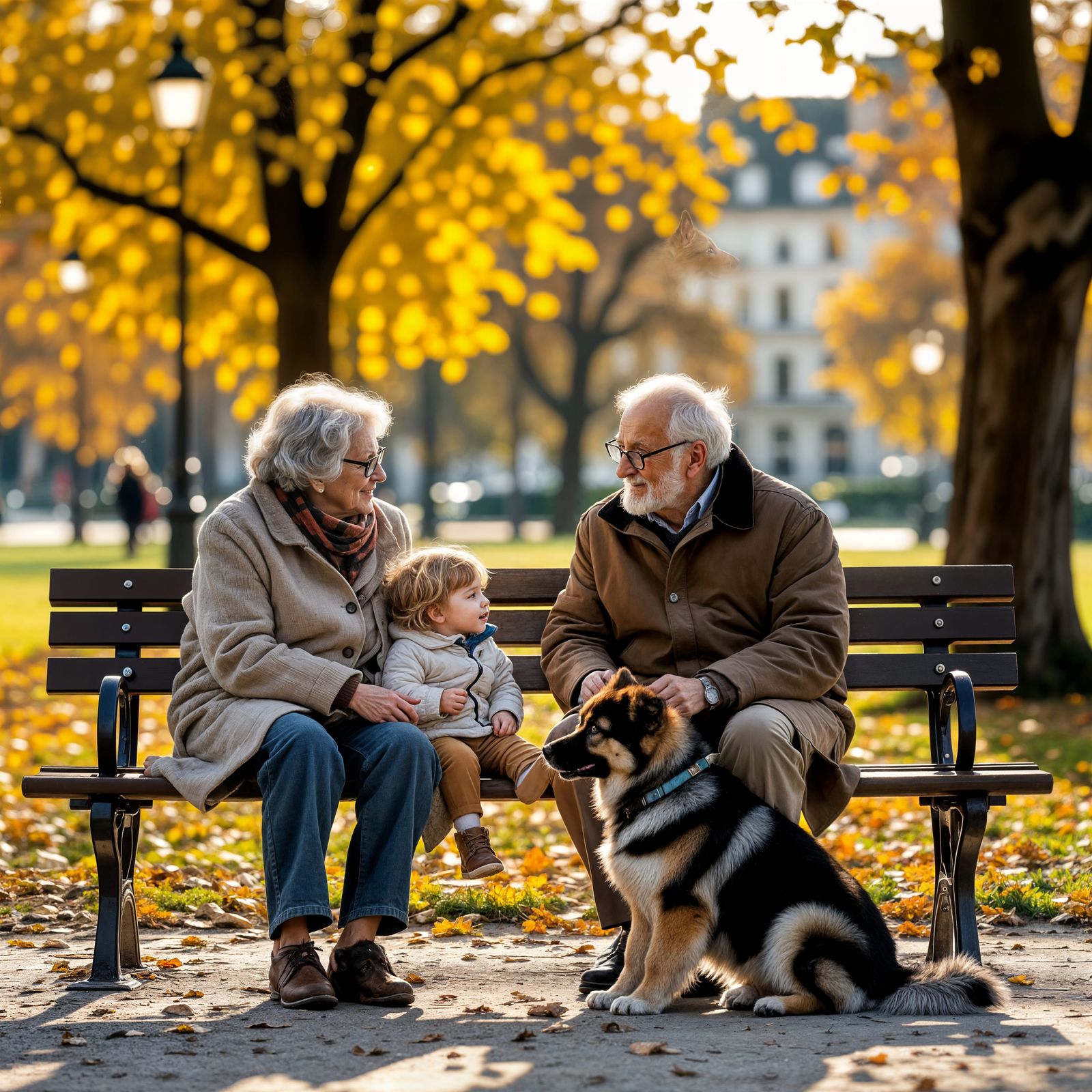 Elderly Couple Watches Child Play With Puppy in Geneva Park