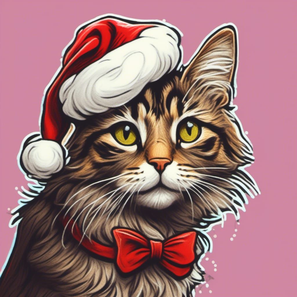 Maine Coon Cat in Santa Hat Chalk Art