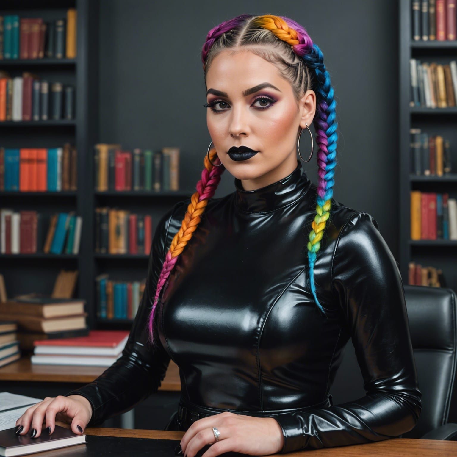 Librarian with Rainbow Hair Stands on Desk