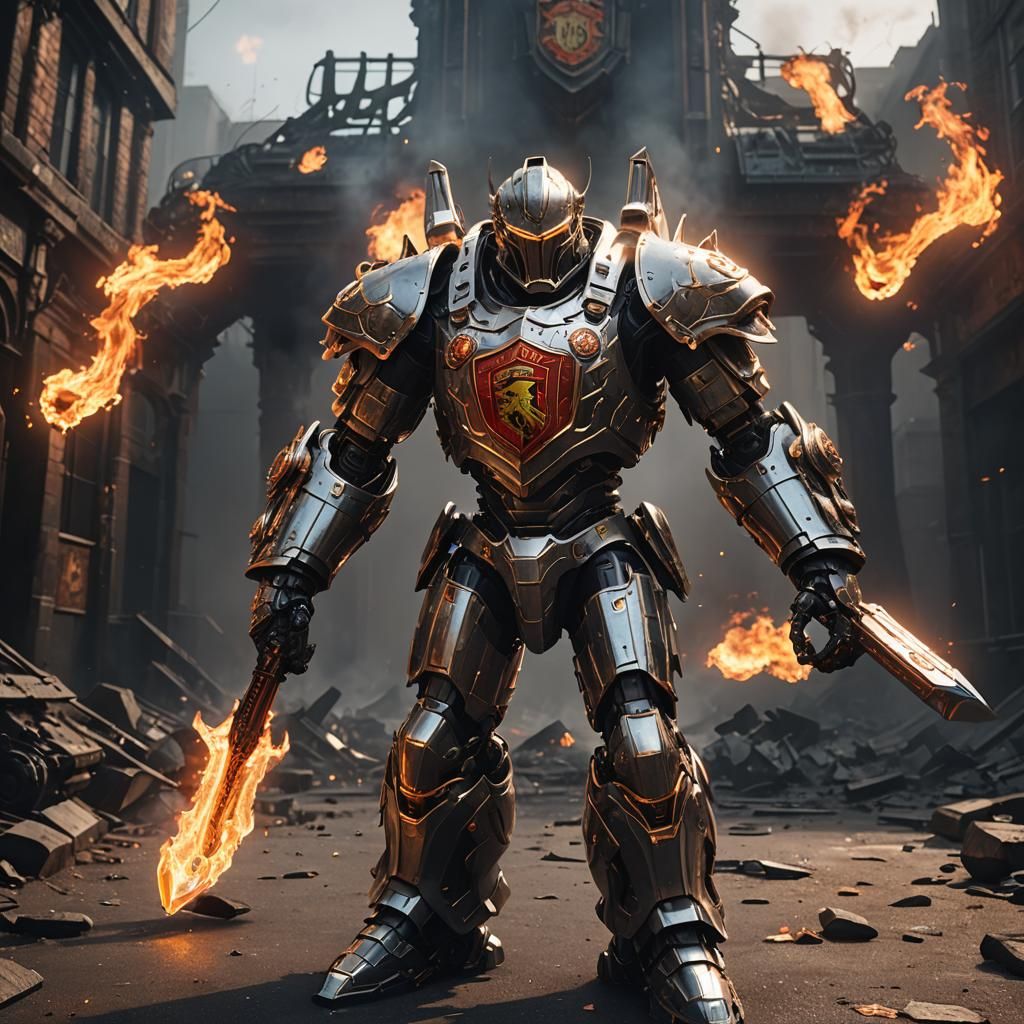Evil Knight with Flaming Shield in Sci-Fi Style