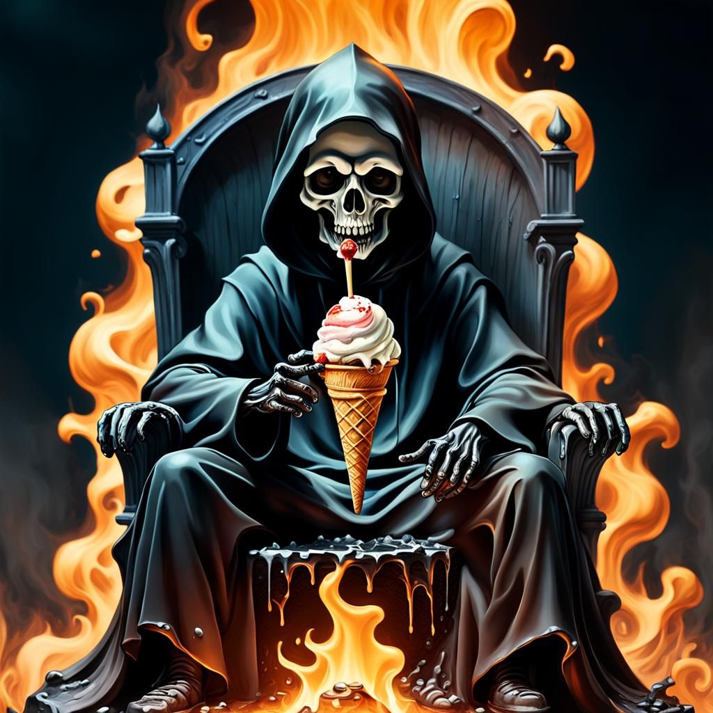 Realistic cute baby grim reaper sitting down and eating ice ...