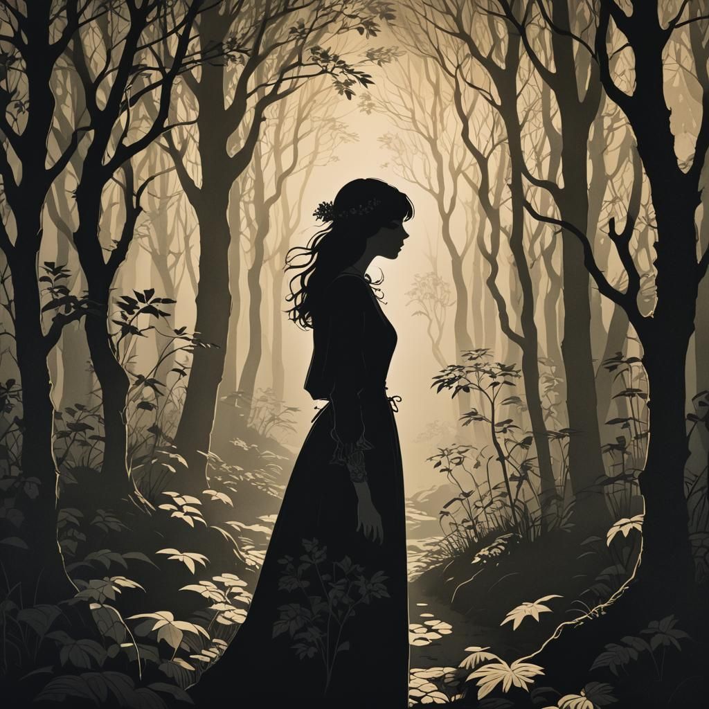 Girl in Enchanted Forest, Aubrey Beardsley Style