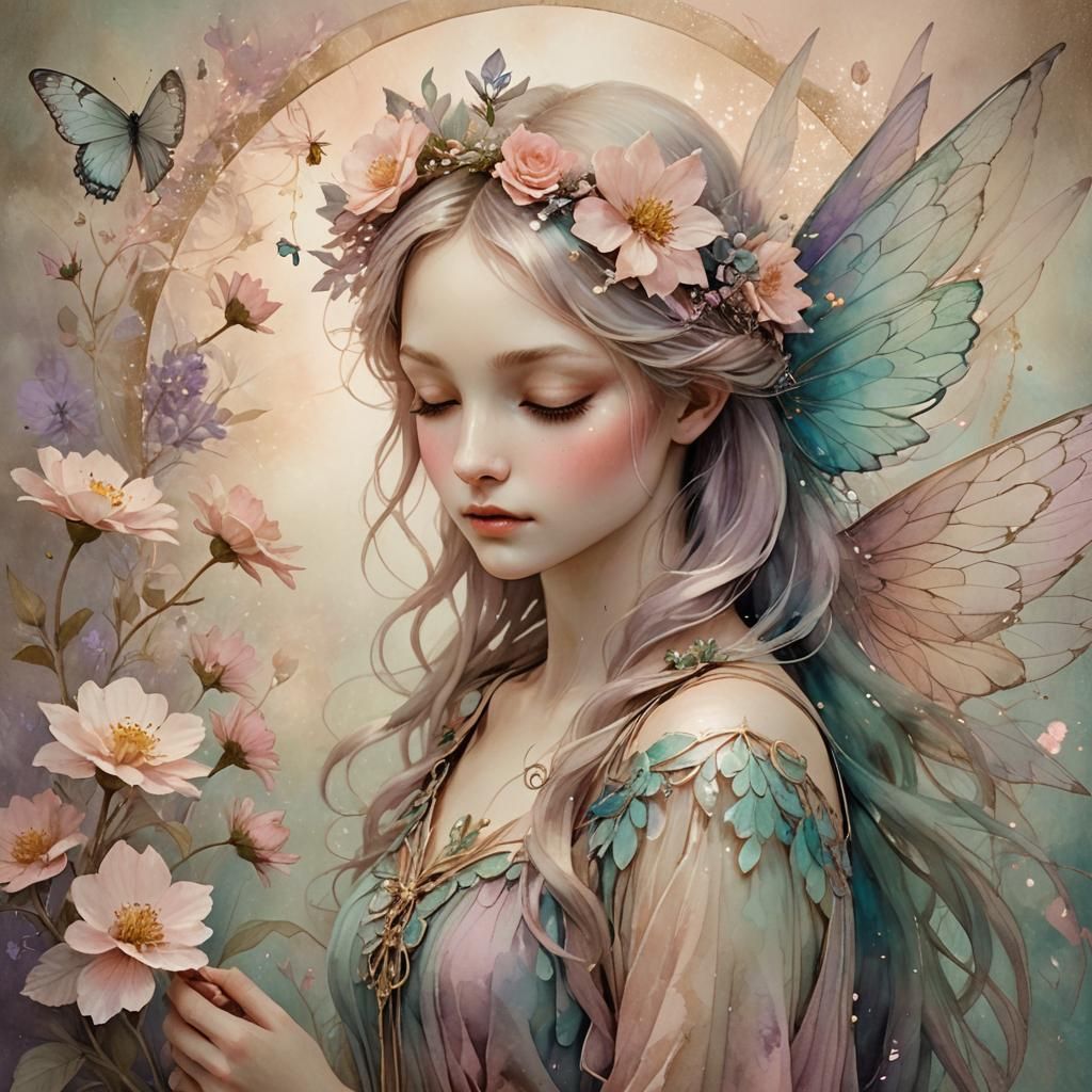 Dreamy Fairy Girl Portrait in Pastel Watercolor