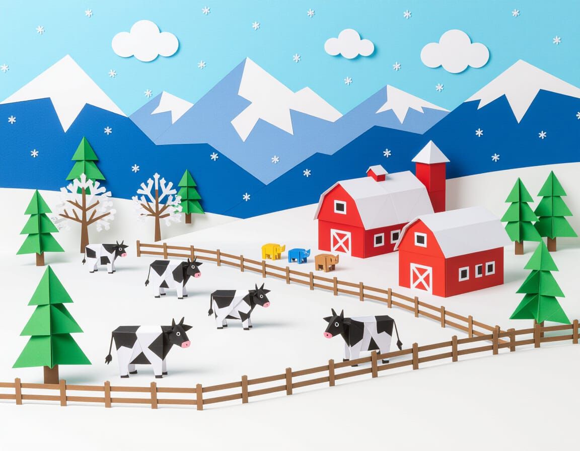 Origami Alpine Winter Scene with Farm and Cows