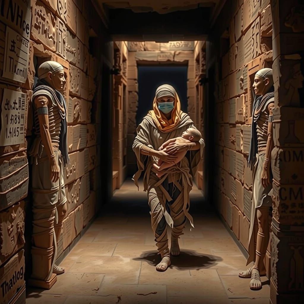 Mummy and Infant in Ancient Egyptian Tomb