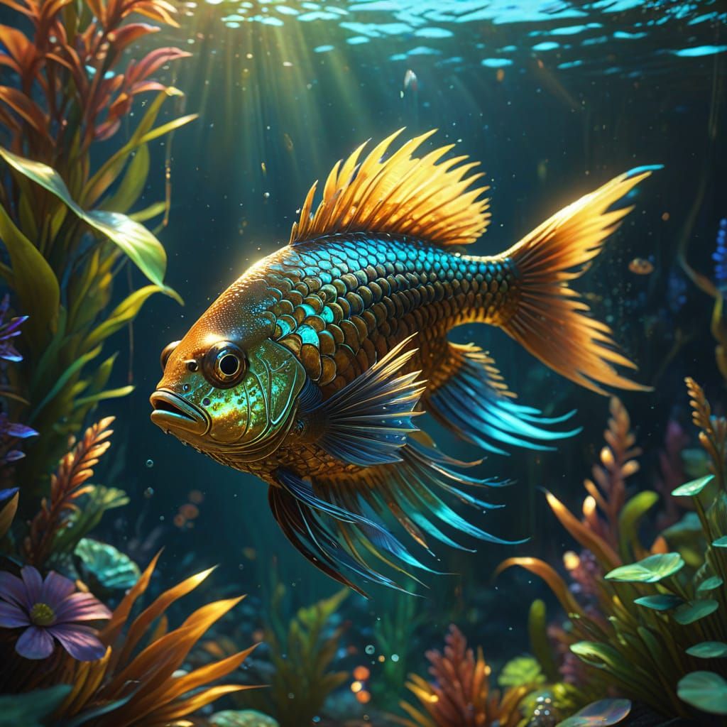 Feathered Fish Underwater in Vibrant Digital Art