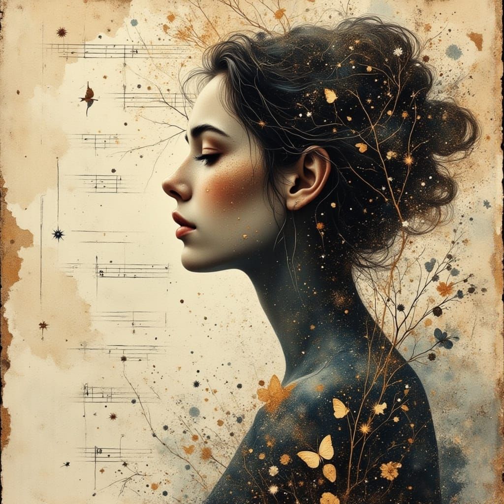 Luminous Woman Portrait with Vintage Songbook Overlay