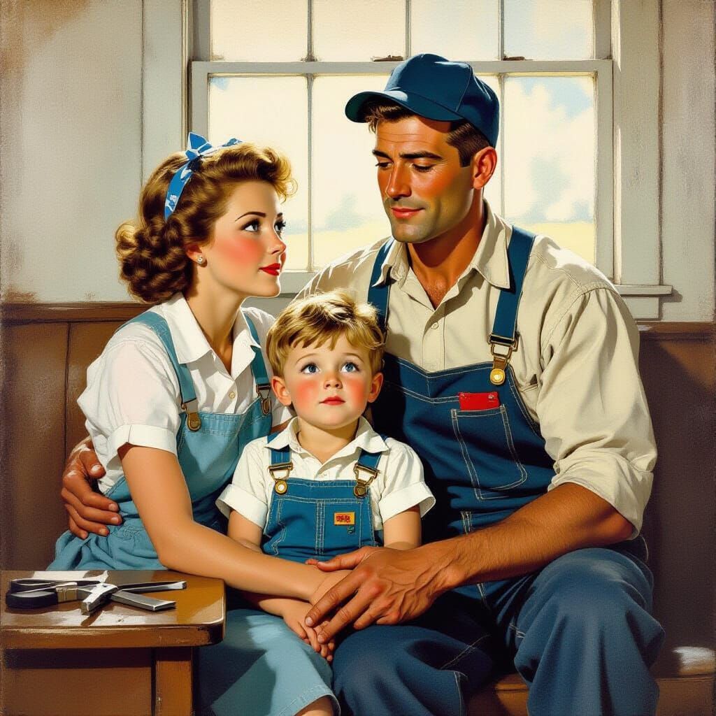 Surreal Blue Collar Family in Rockwell Style