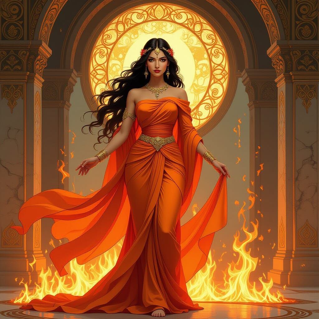 Fire Goddess in Art Nouveau Style Temple