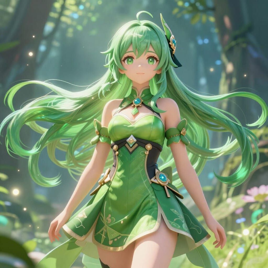 Anime Girl in Emerald Green Attire