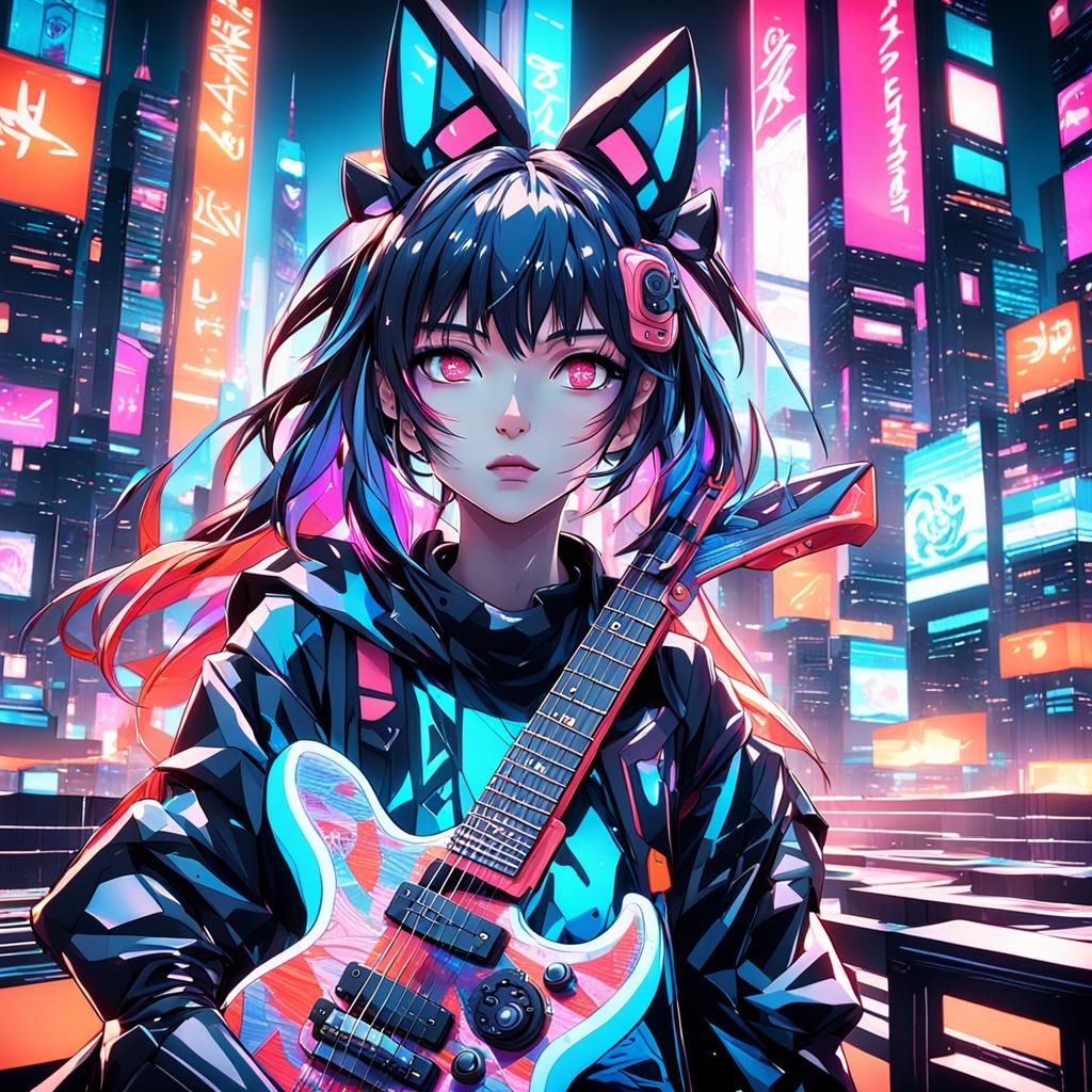 Anime Rock Girl in Futuristic Cityscape: 3D Art