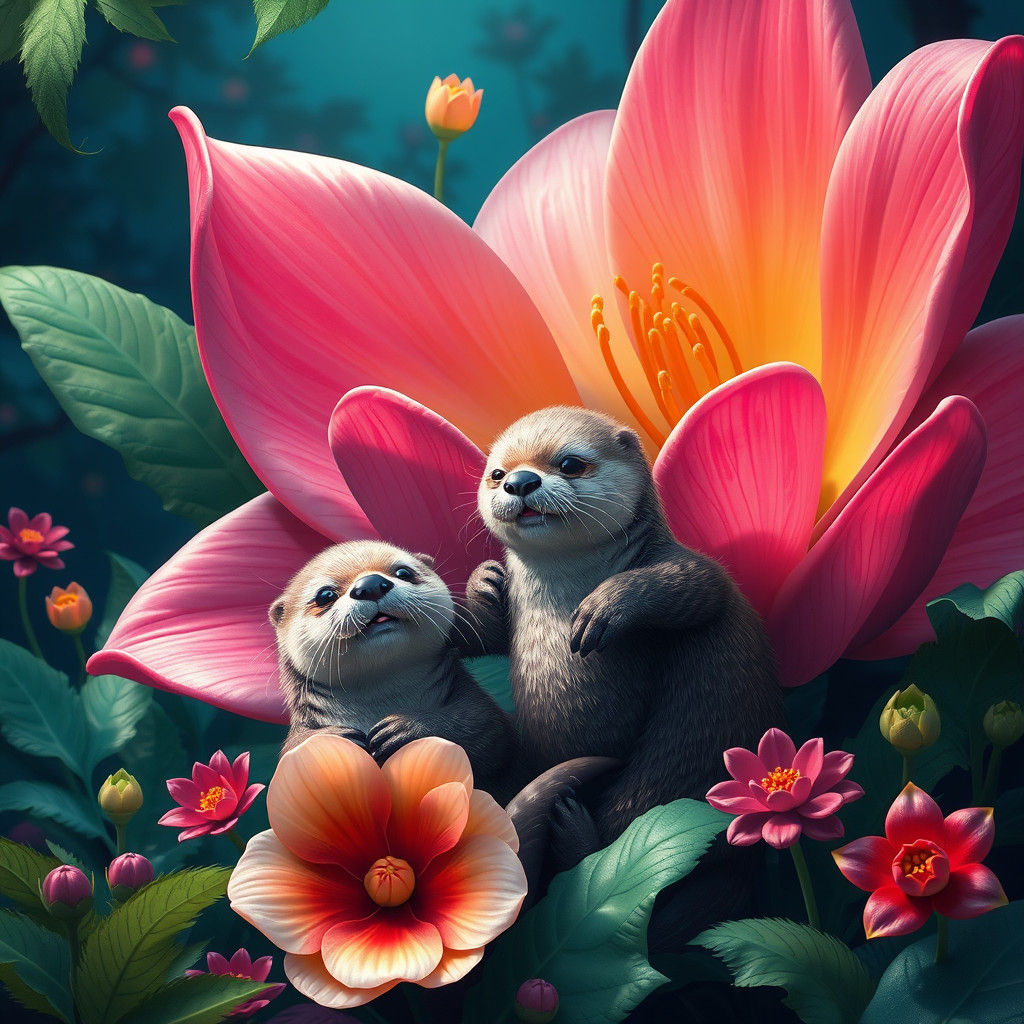 Sea Otters Frolicking on a Giant Flower
