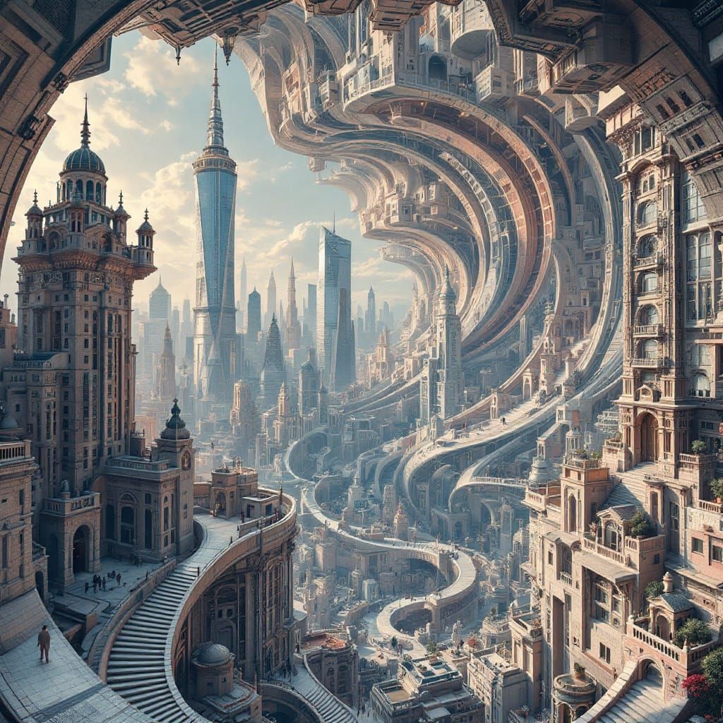 Escher-Inspired Cityscape in Hyperbolic Dimensions