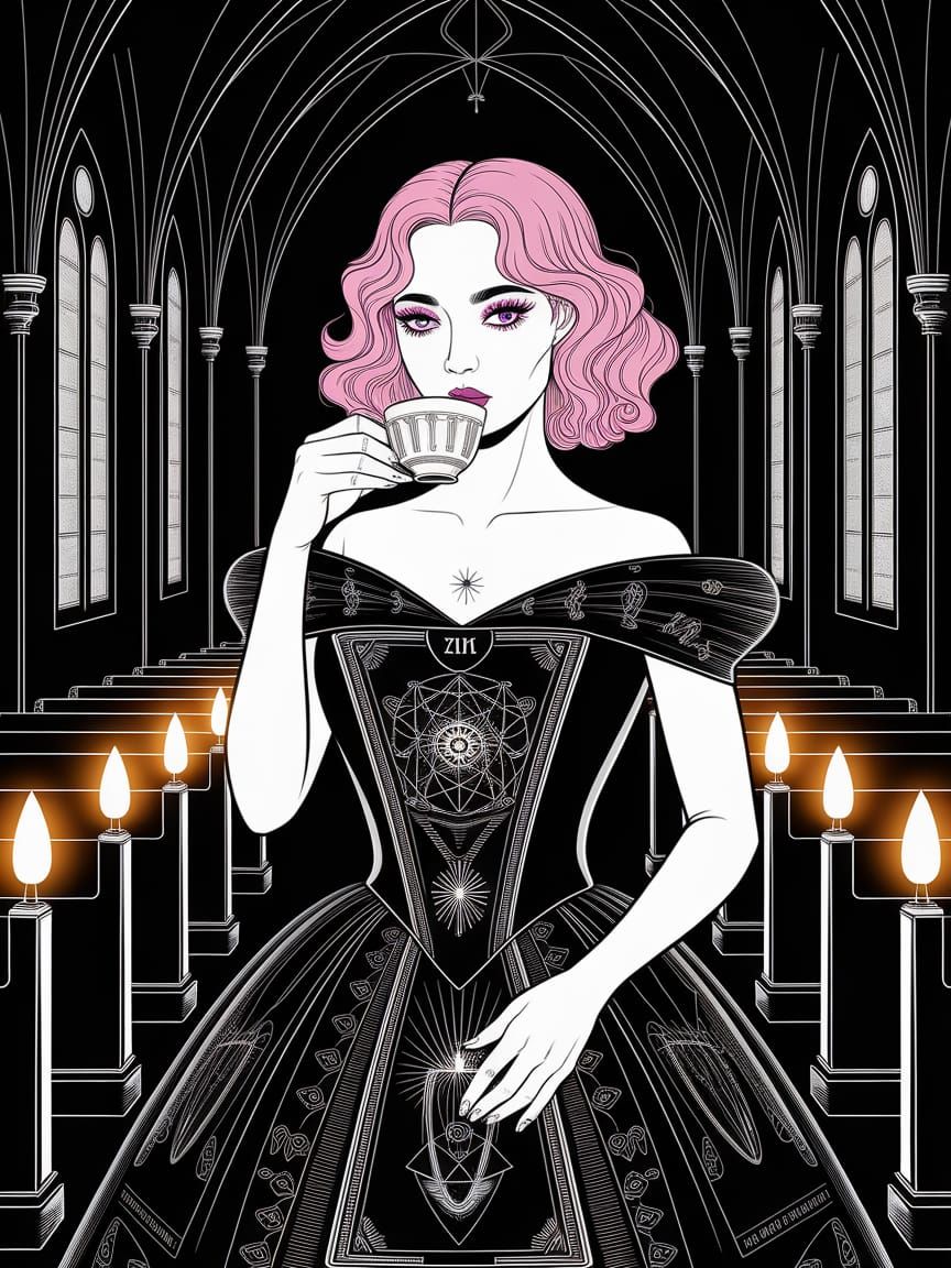 Gothic Woman Sipping Tea in Black and White Line Art