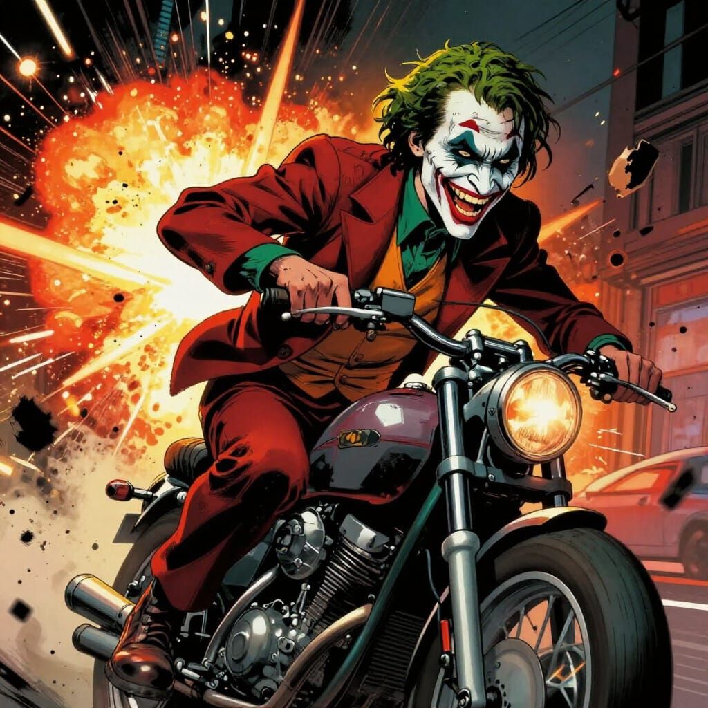 Joker Escapes Explosions on Motorbike in Comic Art Style