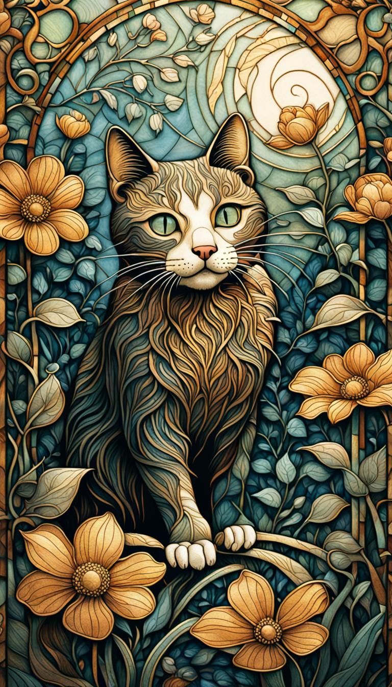 Cat and Mouse Garden Etching in Klimt Style