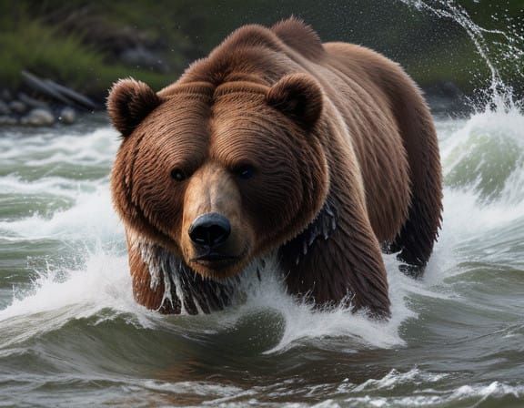 Brown Bear Hunts Red Salmon in Epic Cinematic Portrait
