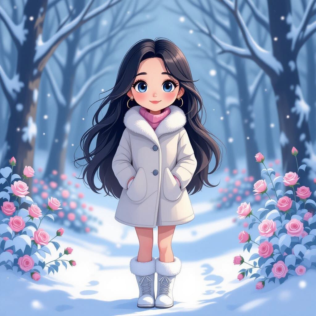 Asian Woman in Snowy Forest Path Illustration