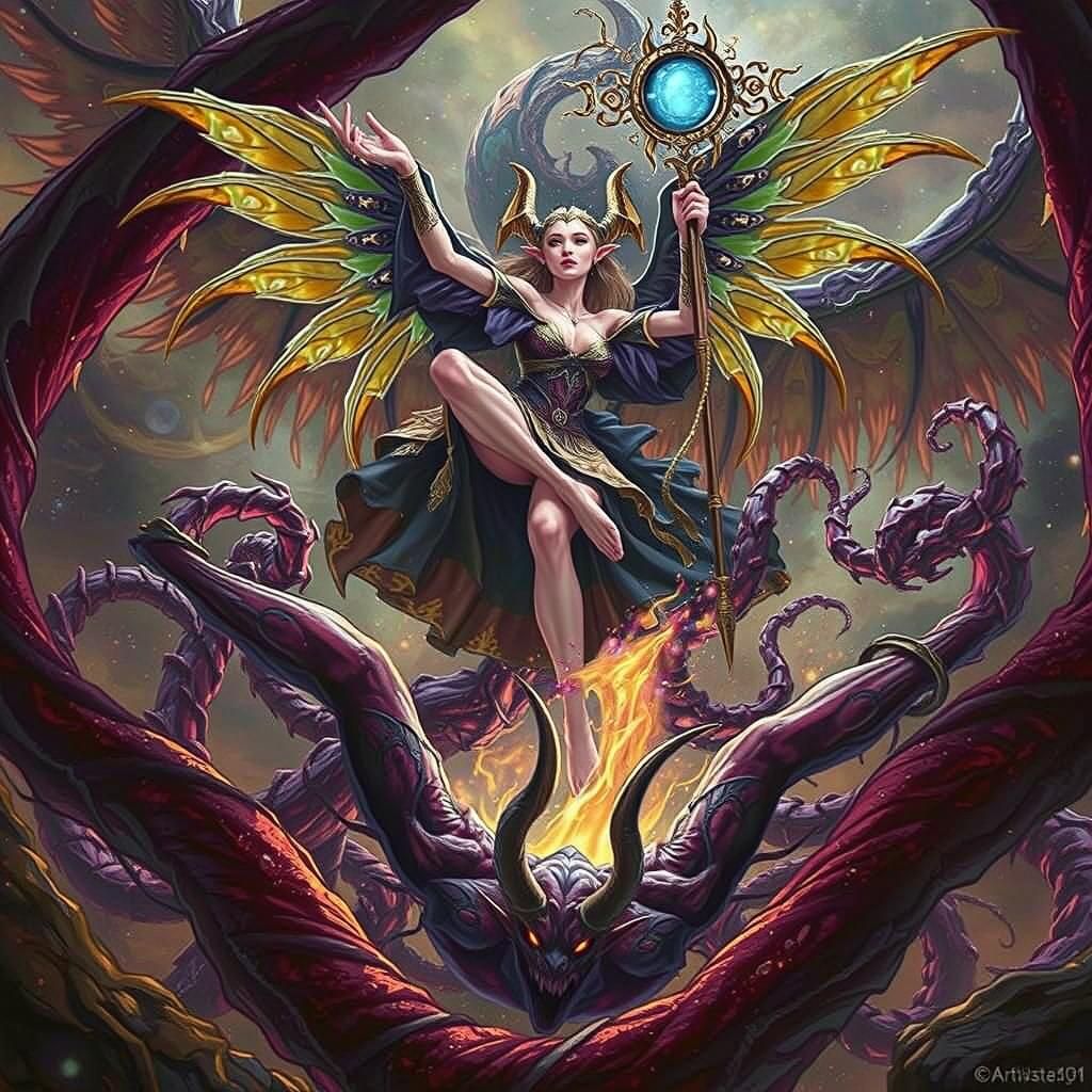 Golden Elven Sorceress Dancing in Dark Fantasy Style