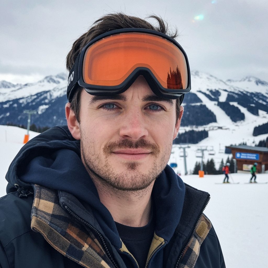 Man in Swiss Alps Ski Resort, Realistic Photo