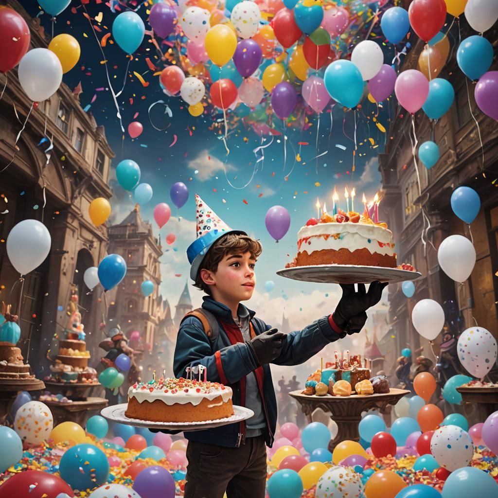 Fantasy Boy with Cake in Dreamlike Setting