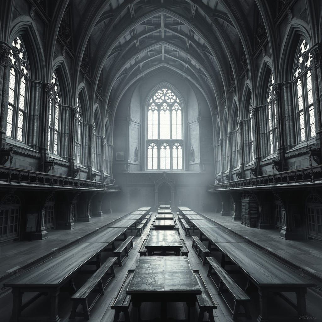 Ethereal Grey Hogwarts Great Hall in Haunting Illustration S...