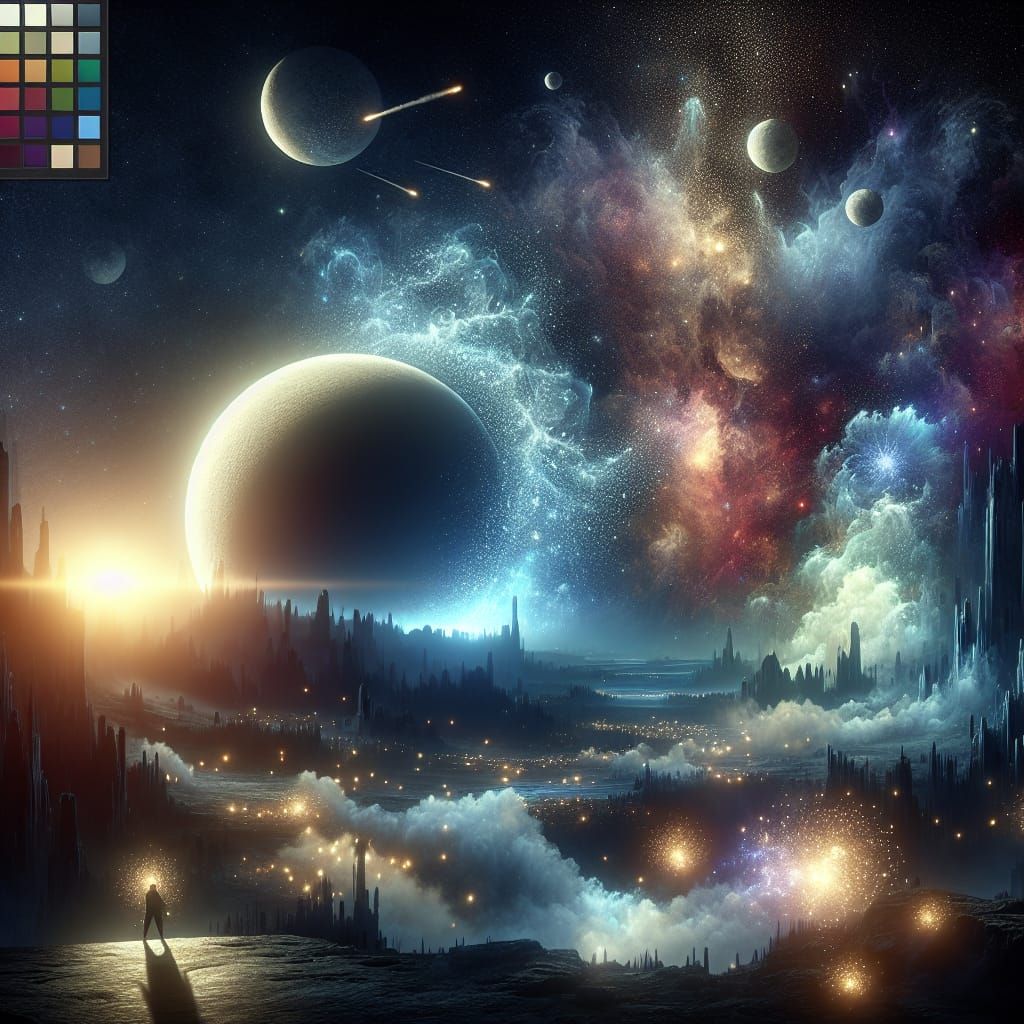 Glowing Earth against a star-studded black sky, ethereal moo...