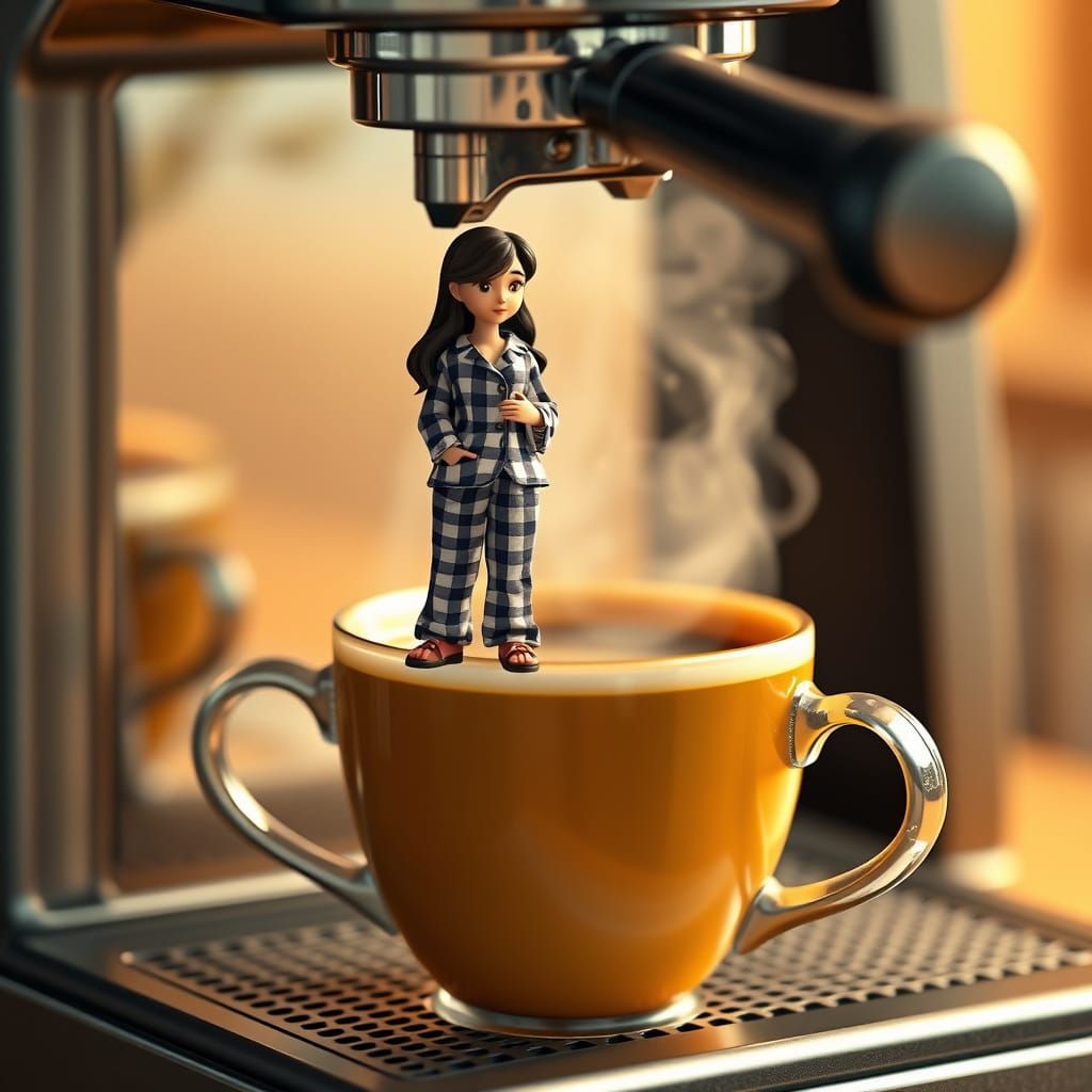 Miniature Woman and Giant Coffee Machine: 3D Illustration