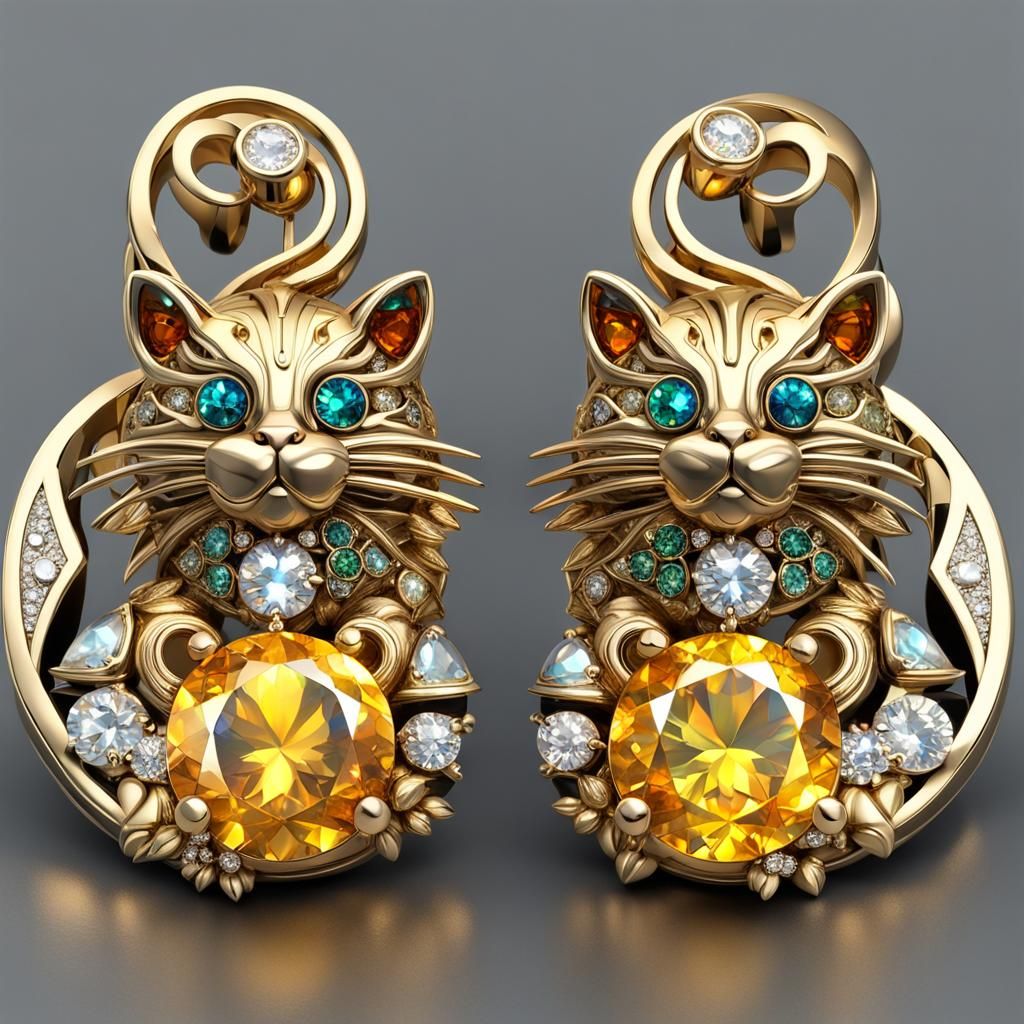 Gold Cat Earrings with Diamond and Citrine Design
